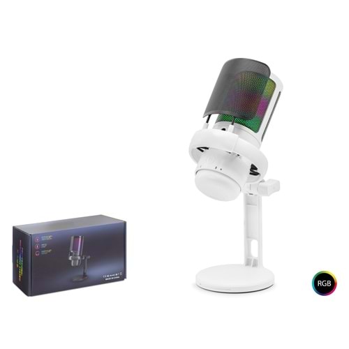 Hadron ME6P Profesyonel RGB Gaming Mikrofon - 192kHz/24Bit USB Type-C Beyaz