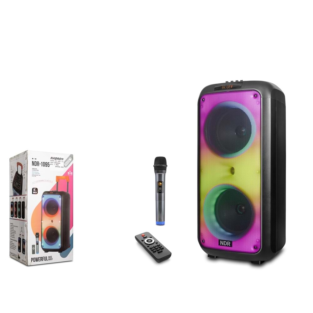 NDR NDR1095 Bluetooth Hoparlör FM Radyo 2x8 İnç USB TF AUX RGB Mikrofonlu Kumandalı - Siyah