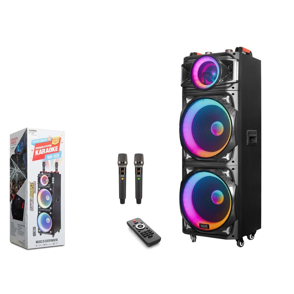 NDR NDR1526 Çift Karaoke Mikrofonlu Bluetooth Hoparlör FM Radyo 2x15 İnç RGB Kumandalı Siyah
