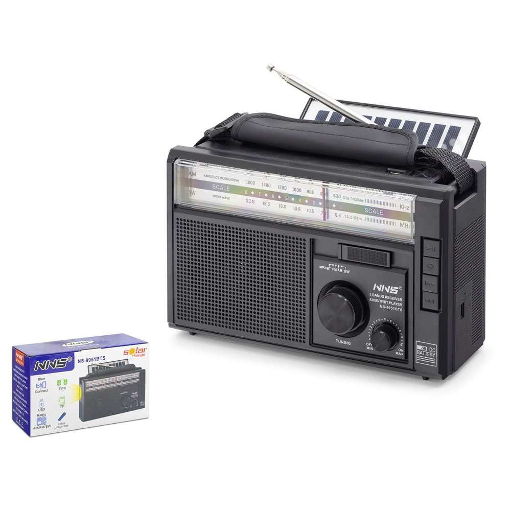 NNS NS9951BTS Bluetooth Nostaljik Hoparlör FM Solar Panelli - Siyah