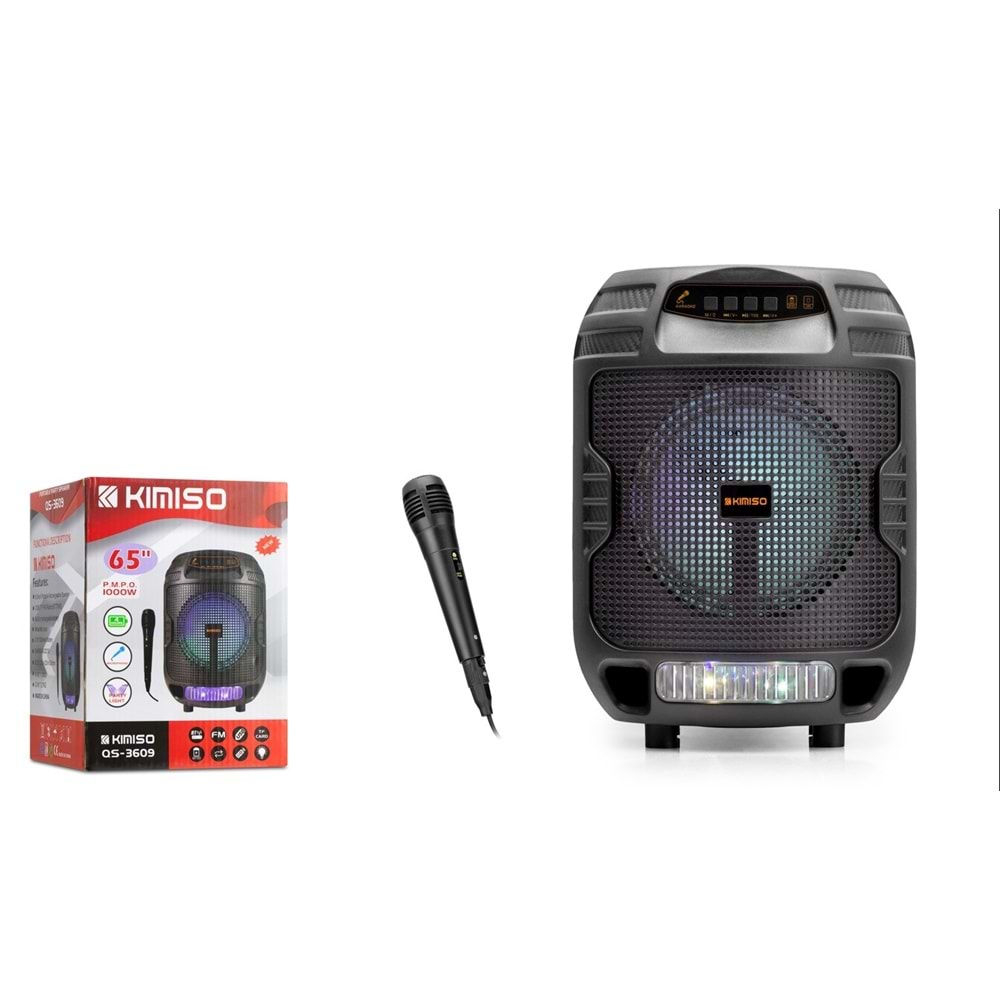 KIMISO QS3609 Bluetooth Karaoke Hoparlör FM Radyo 6.5 İnç USB TF AUX RGB Mikrofonlu Taşınabilir - Siyah