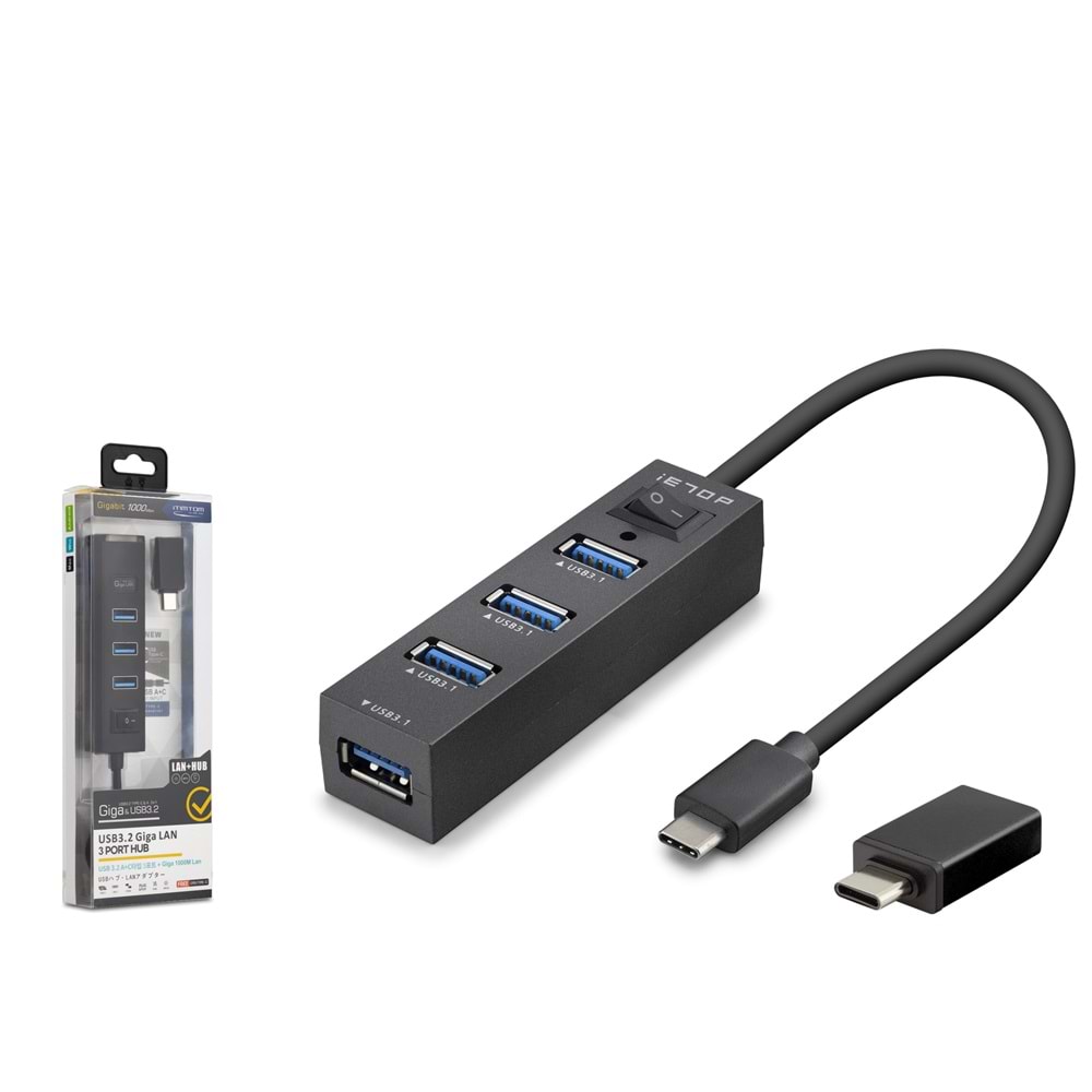 iETOP RJ4503 USB Type-C 3.2 Gen1 Combo Hub Ethernet Gigabit 4 Port Siyah