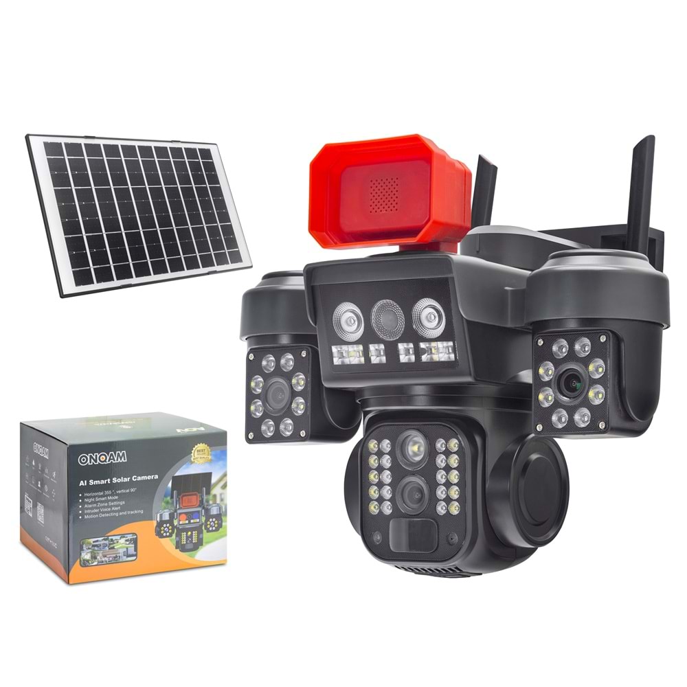 VENAS ON-SG4310 Solar 4G SIM Kartlı IP Güvenlik Kamerası 3 Lens 3×2MP 4mm V380PRO Hareket Takipli - Siyah