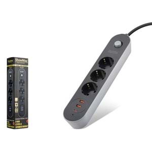 Showmax Sh4628 Termal Akım Korumalı Uzatma Kablosu 3*Priz + 2*Usb + Type-C + Anahtar 2M Siyah