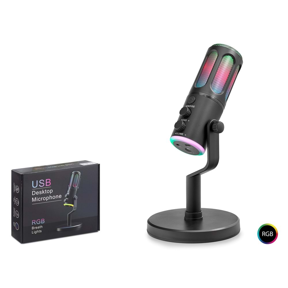 Hadron SU8 RGB Işıklı Gaming Mikrofon, DSP Gürültü Engelleme, Reverb & Echo Destekli Siyah