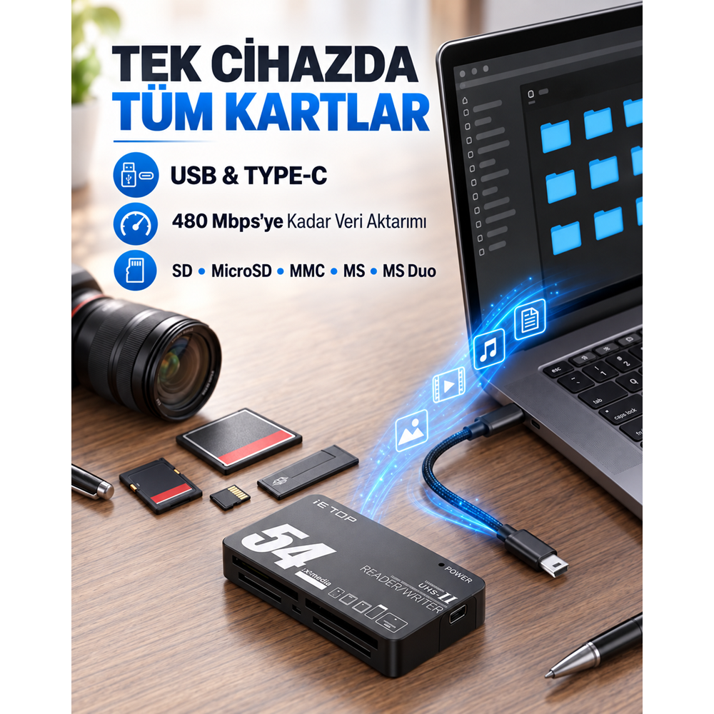 iETOP TC209 USB Type-C All in One Kart Okuyucu SD MicroSD MMC MS 480 Mbps Siyah