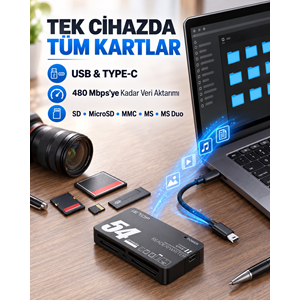 iETOP TC209 USB Type-C All in One Kart Okuyucu SD MicroSD MMC MS 480 Mbps Siyah