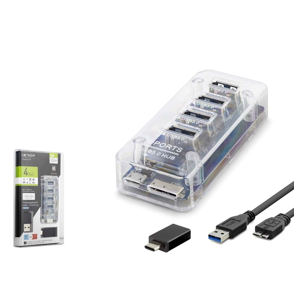 iETOP U336 USB Type-C 3.1 Gen1 Hub 4 Port 5 Gbps Şeffaf