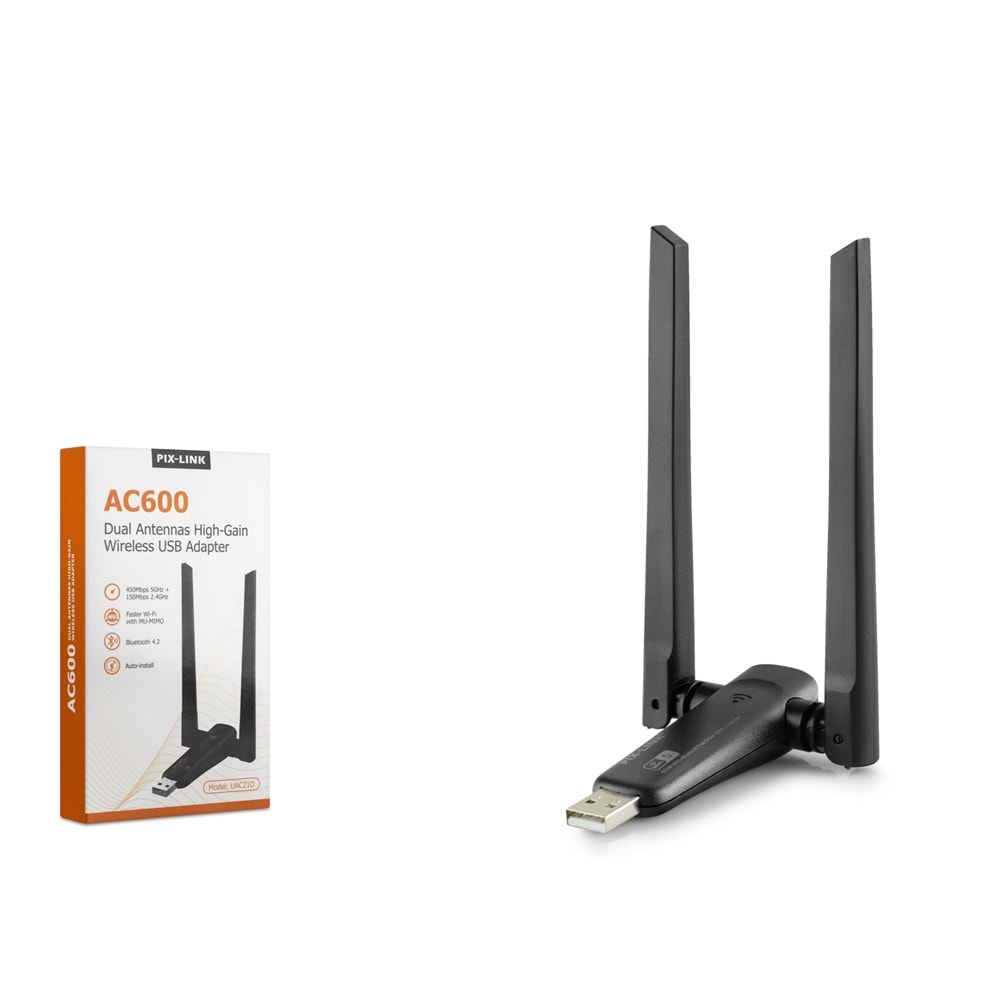 Pix-Link Uac21D Usb Wifi Adaptor Ac600 2.4Ghz&5Ghz Rtl8811Cu Wifi5 Siyah