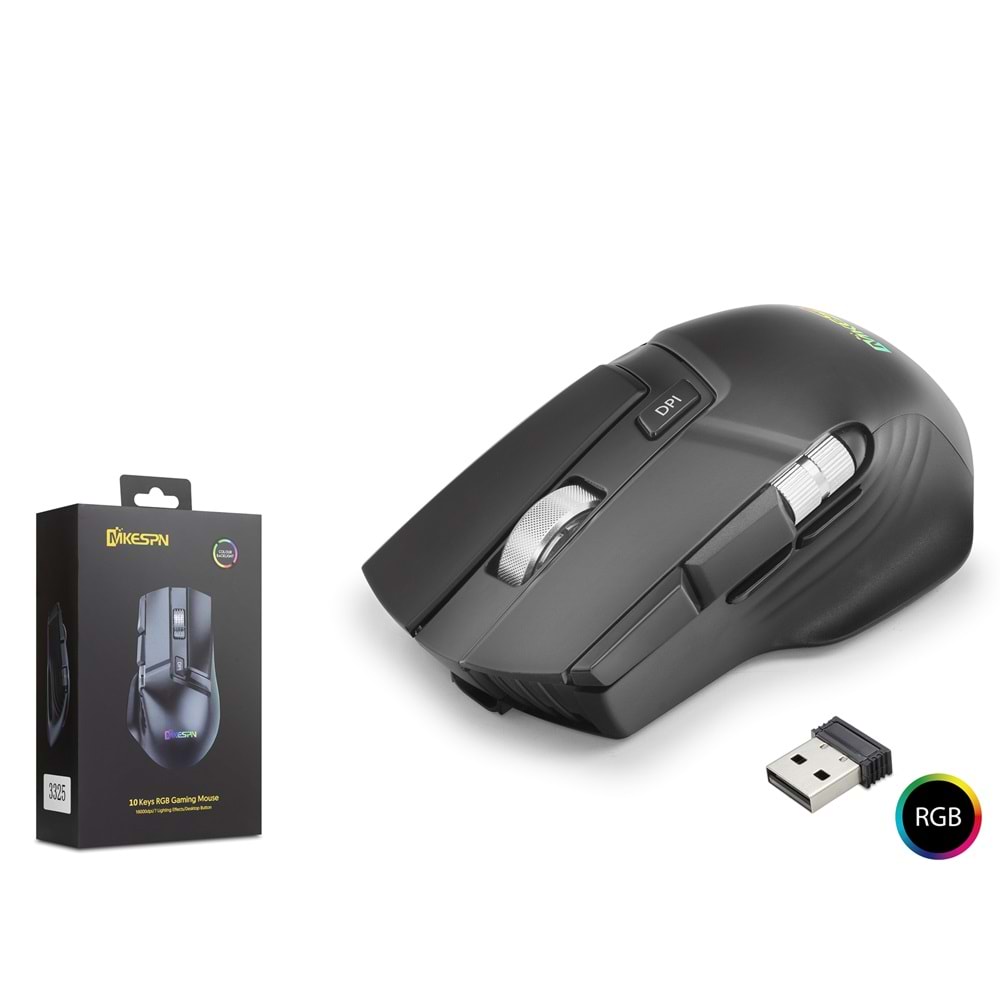 MKESPN W13 RGB Oyuncu Mouse – Kablosuz, Bluetooth & Kablolu Gaming Mouse – 10000 DPI, 10 Tuş Makro, 1000Hz (Siyah)