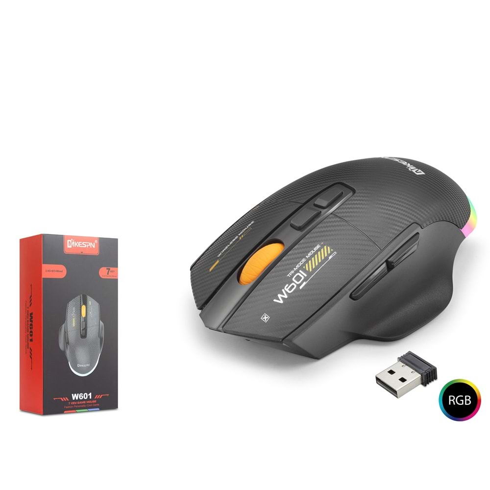 MKESPN W601B RGB Oyuncu Mouse – Kablosuz & Kablolu Gaming Mouse – 12800 DPI, 7 Tuş Makro, 1000Hz (Siyah)
