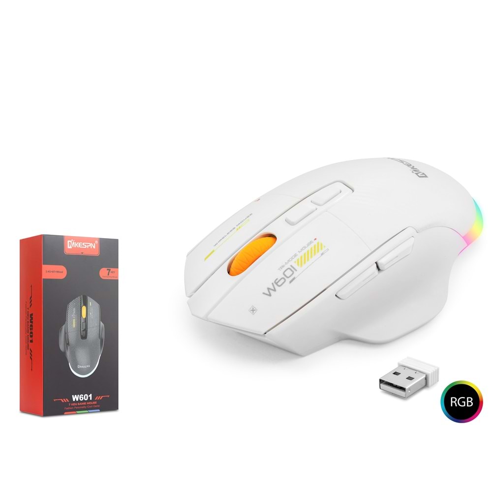 MKESPN W601W RGB Oyuncu Mouse – Kablosuz & Kablolu Gaming Mouse – 12800 DPI, 7 Tuş Makro, 1000Hz (Beyaz)
