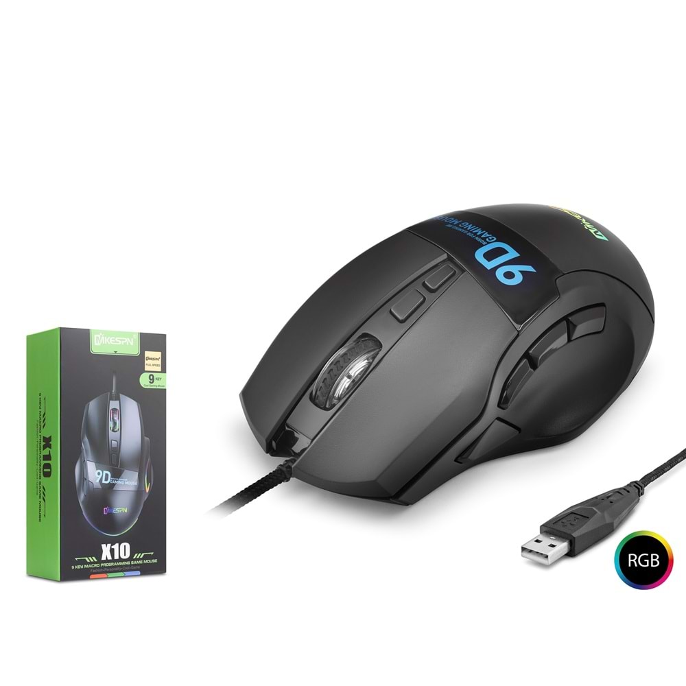 MKESPN X10 RGB Oyuncu Mouse – Kablolu Gaming Mouse – 12800 DPI, 9 Tuş Makro, 1000Hz (Siyah)