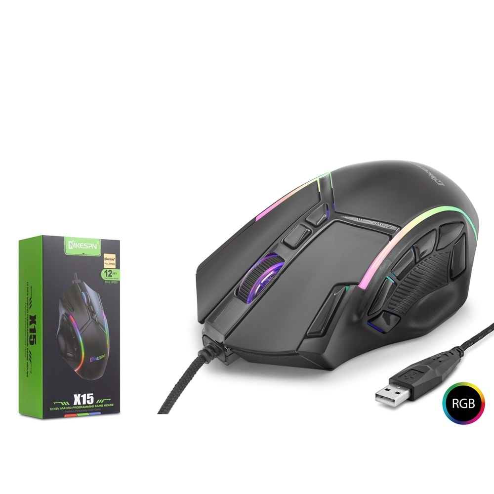 MKESPN X15 RGB Oyuncu Mouse – Kablolu Gaming Mouse – 12800 DPI, 12 Tuş Makro, 1000Hz (Siyah)